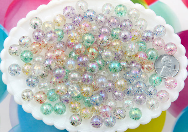 Glitter Beads - 10mm Transparent Glitter Acrylic or Plastic Beads - 80 ...