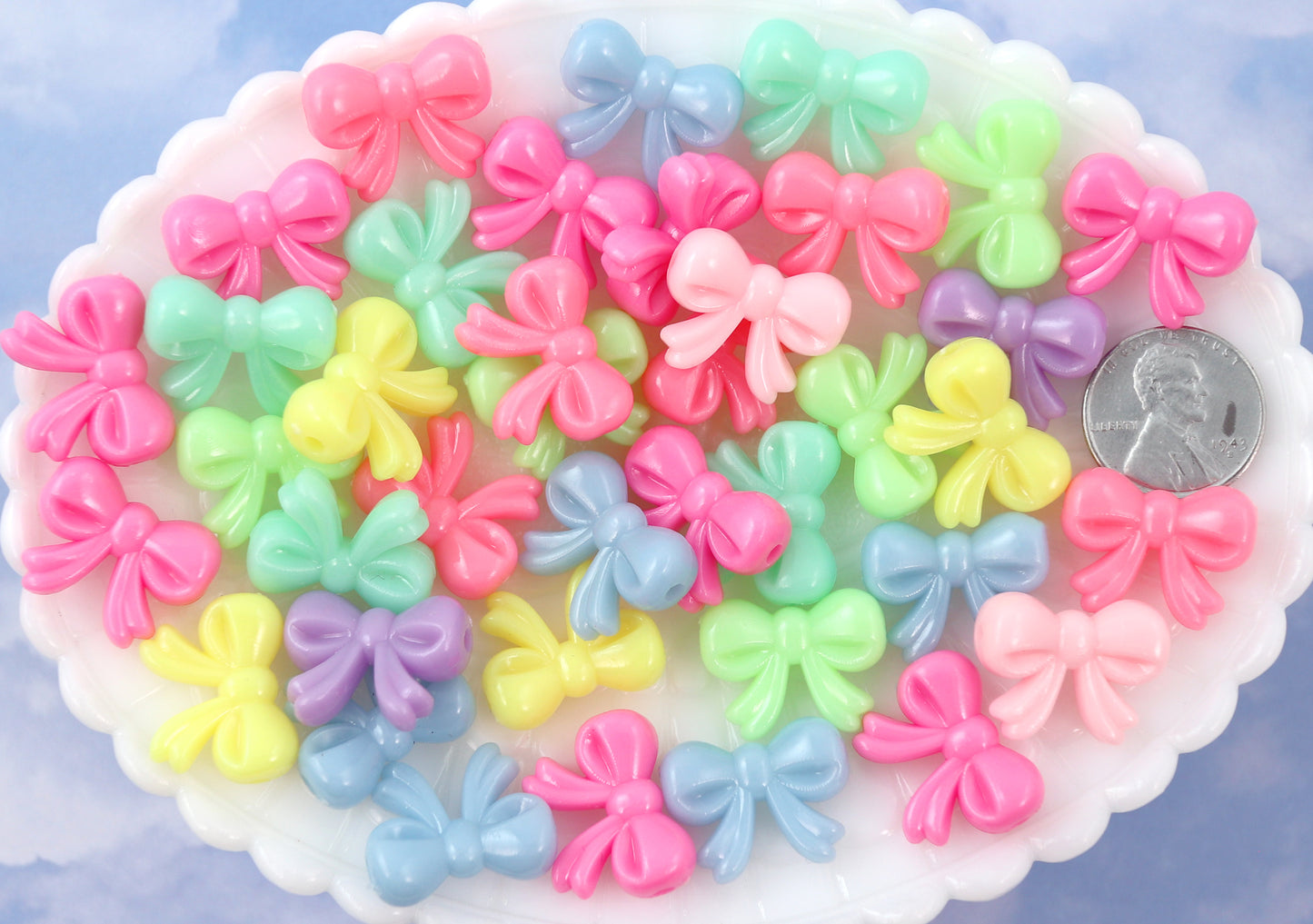 20mm Bright Pastel Neon Bows Ribbon Shape Acrylic or Resin Beads - 40 pc set