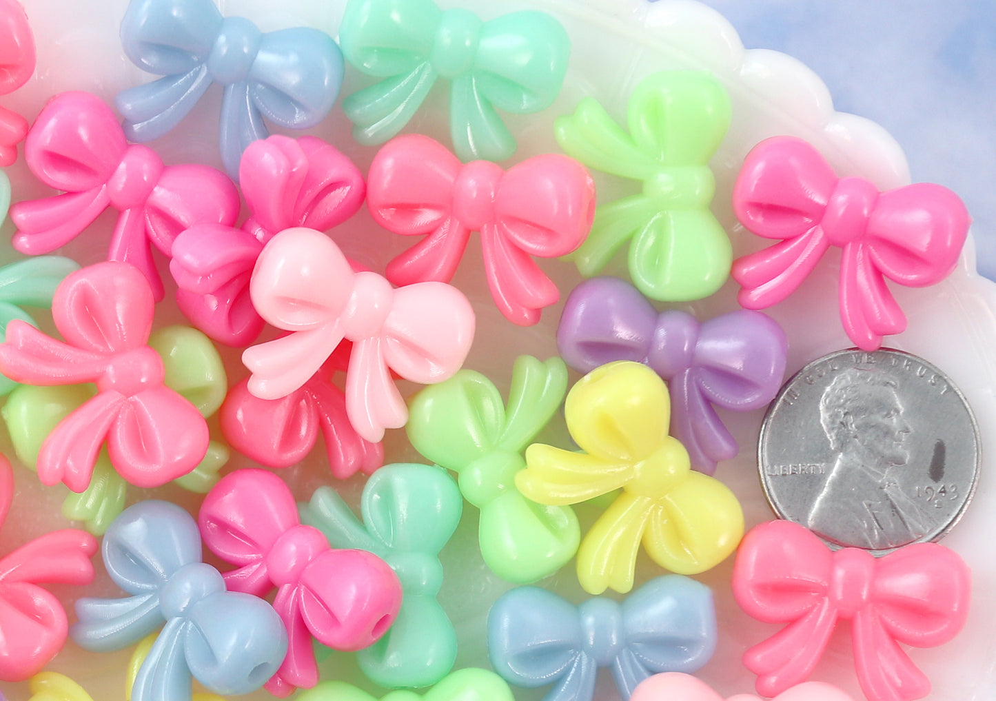 20mm Bright Pastel Neon Bows Ribbon Shape Acrylic or Resin Beads - 40 pc set