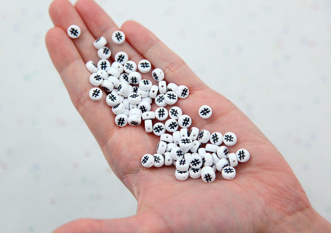 White Opaque 7mm Coin Alpha Beads - Black Hashtag (250pcs)