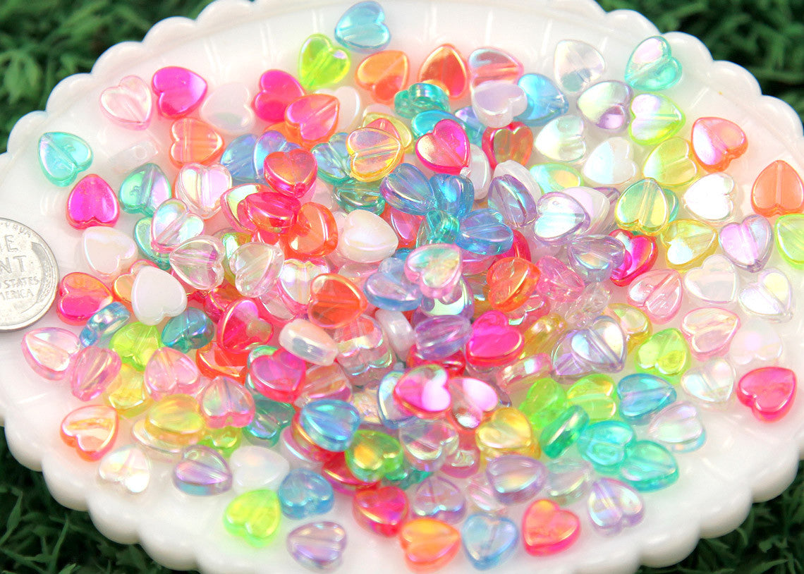 Iridescent Heart Beads | Chunky Jewelry Making | Kawaii Acrylic Bead (AB  Grey / 4 pcs / 17mm x 13mm)